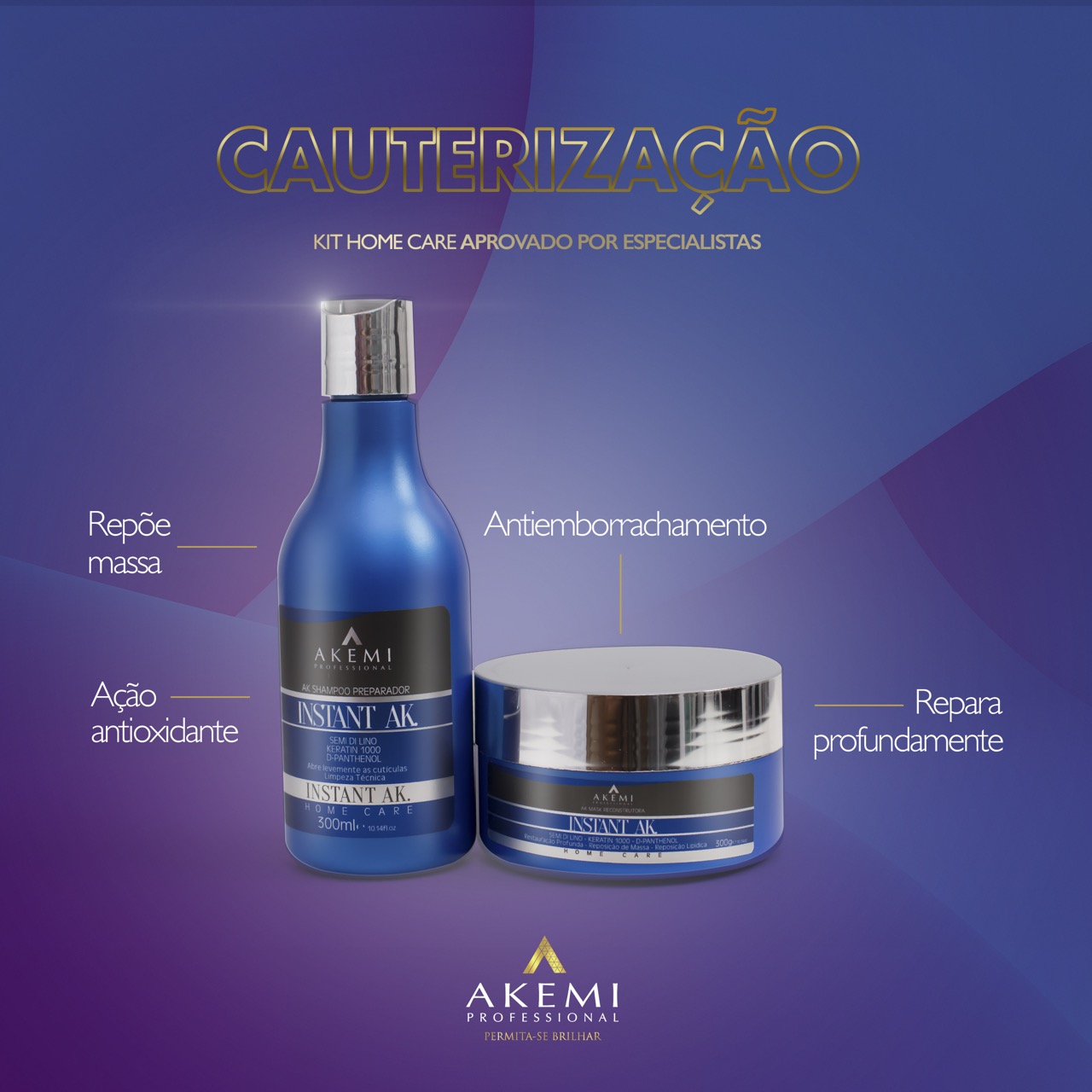 Kit Reconstrução Capilar Instant Ak Akemi Shampoo 300ml + Máscara Reparadora 300g Home Care - Imagem 2